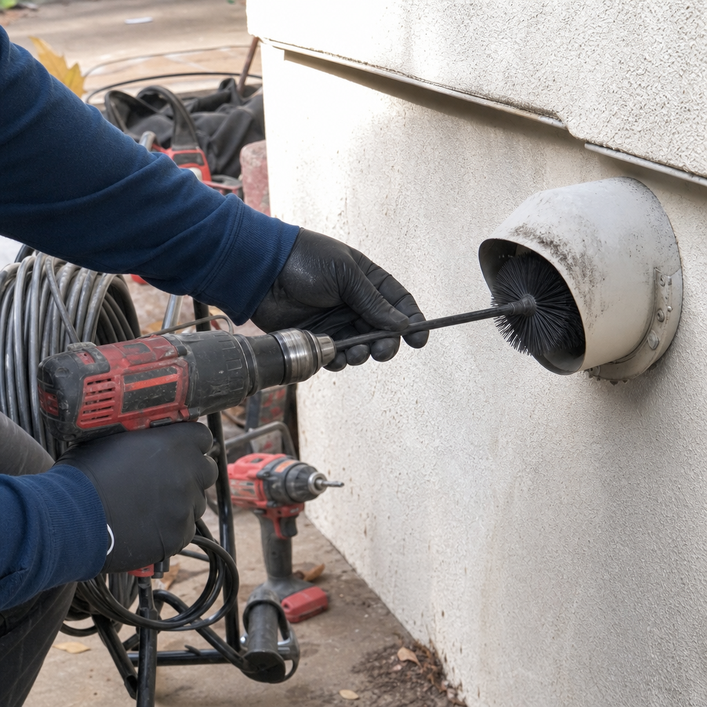 Professional dryer vent cleaning with drill and brush.